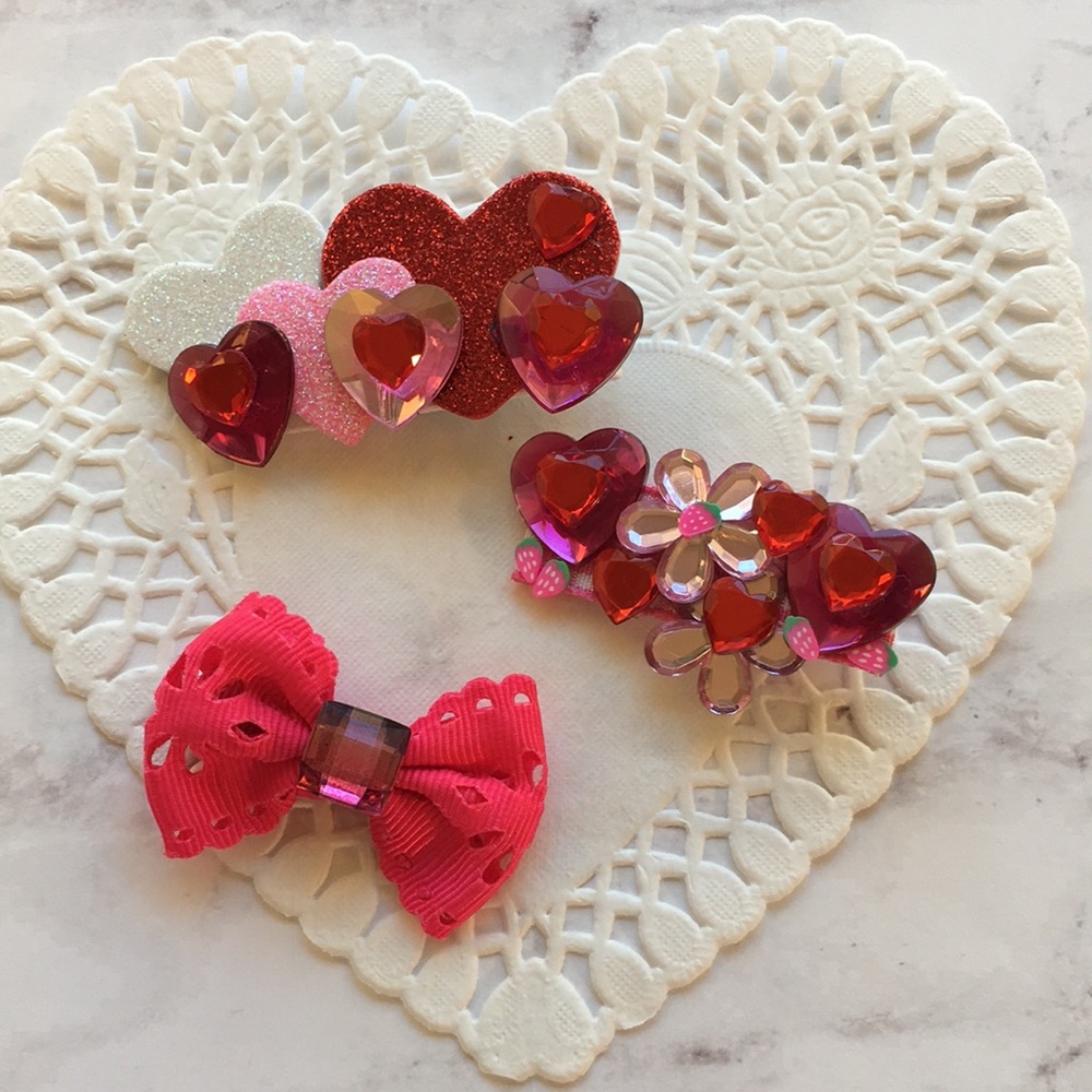 New 3 Bow Bundle of Pink & Red Hearts for Dogs, Girls & Babies & Fun Kawaii Girl